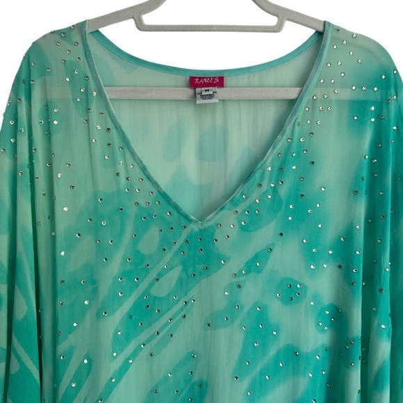 Ranees Sheer Boho Tunic Beach Coverup Turquoise Blue Asymmetrical Rhinestone M - Picture 11 of 11